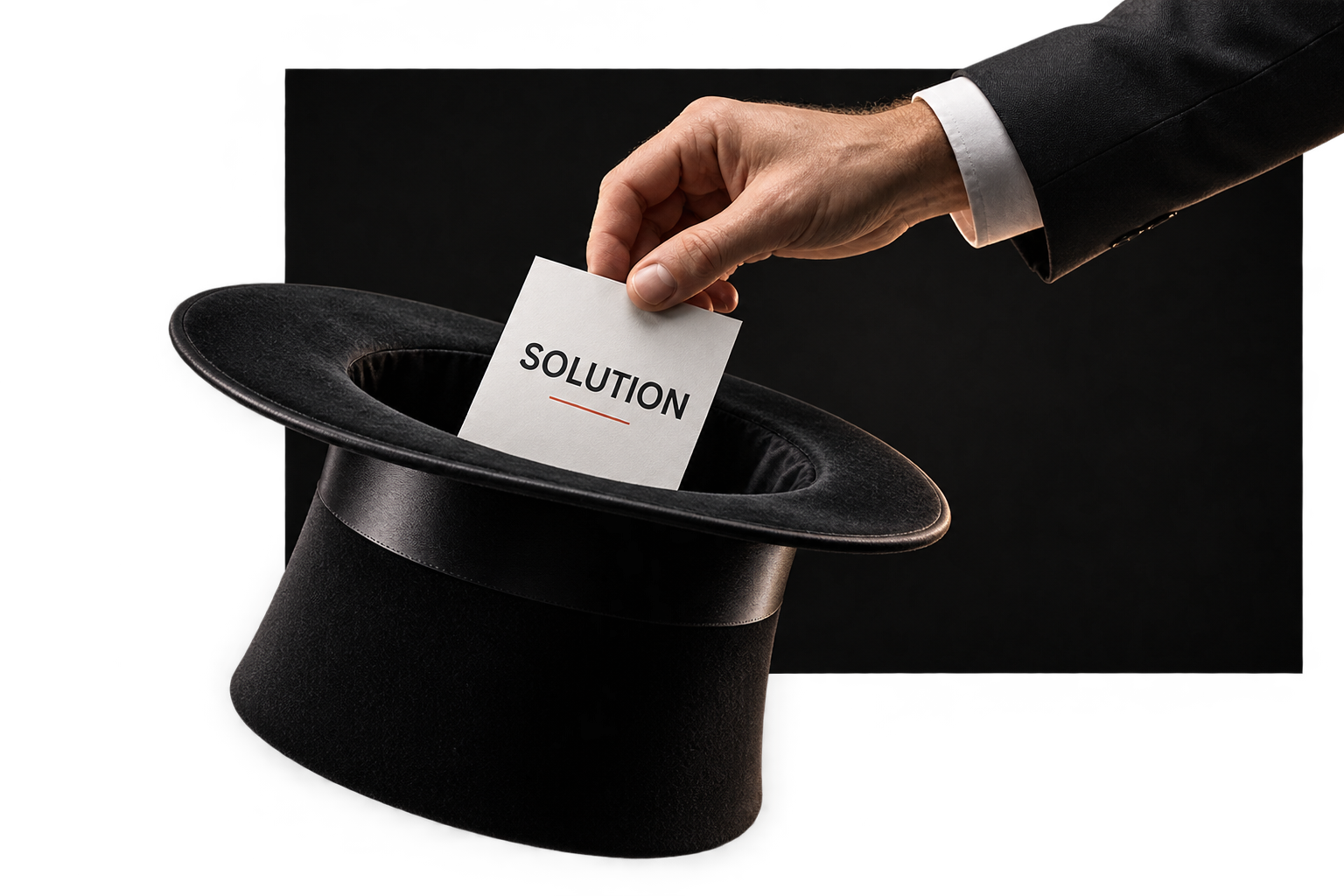 Hand revealing a SOLUTION card from a magician hat